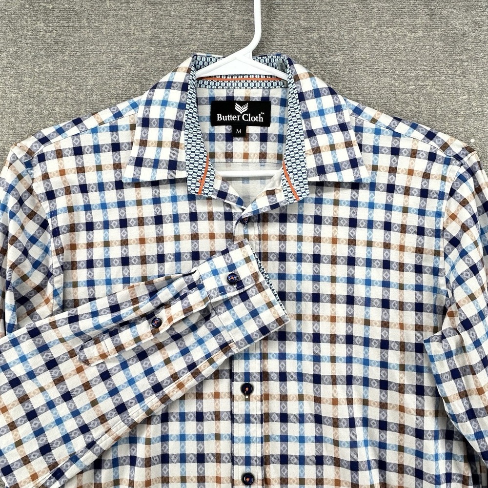 Butter Cloth Long Sleeve Shirt Men Size Medium Blue White Plaid Button Up Casual